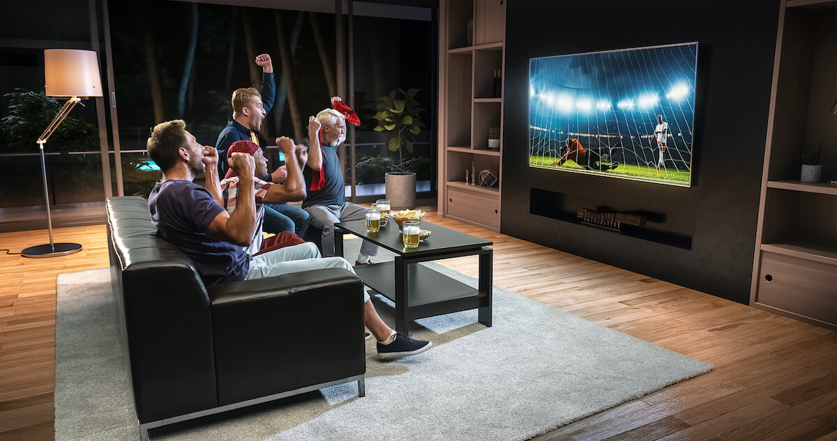 A group of people watching a live sports braodcast on their living room TV and cheering as a goal is made. 