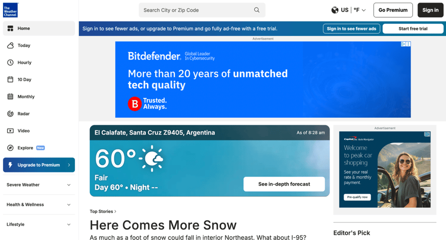 screenshot of The Weather Channel website showing display ads from Bitdefender and Capital One