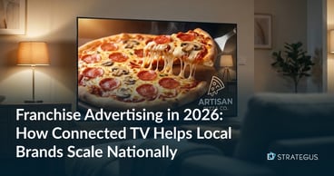 Image of a TV with an ad for a pizza franchise showing