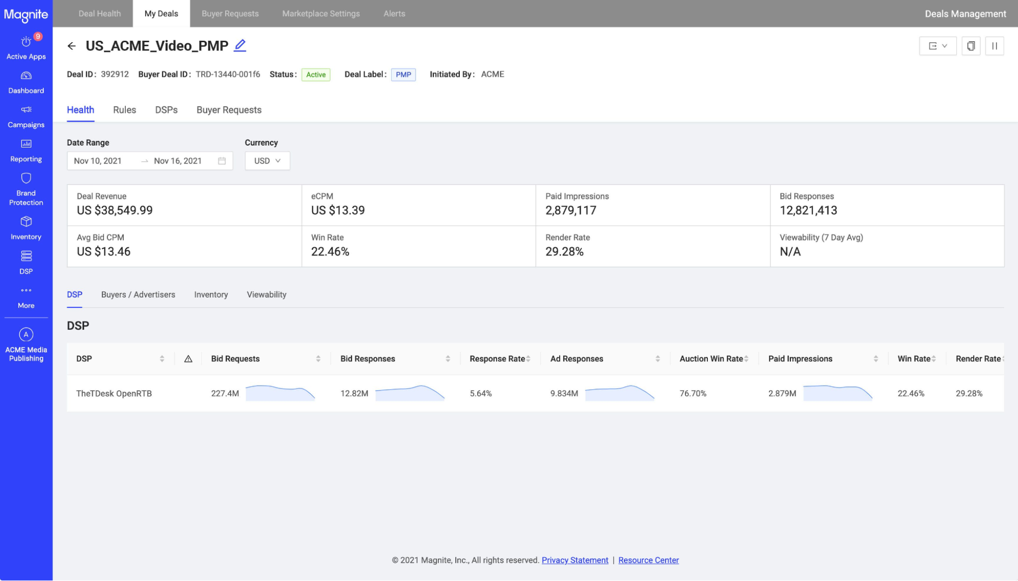 A screenshot of Magnite SSP interface