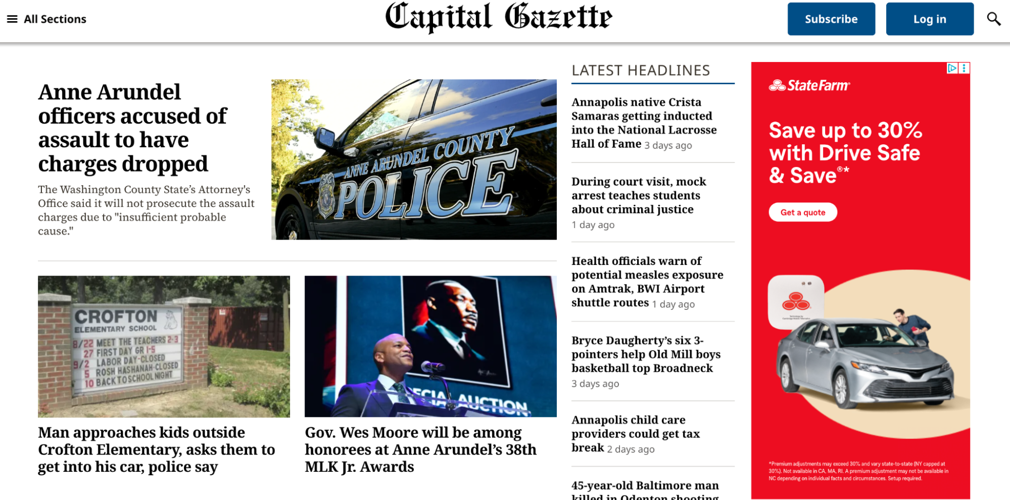 screenshot of Capital Gazette website showing a display ad from StateFarm