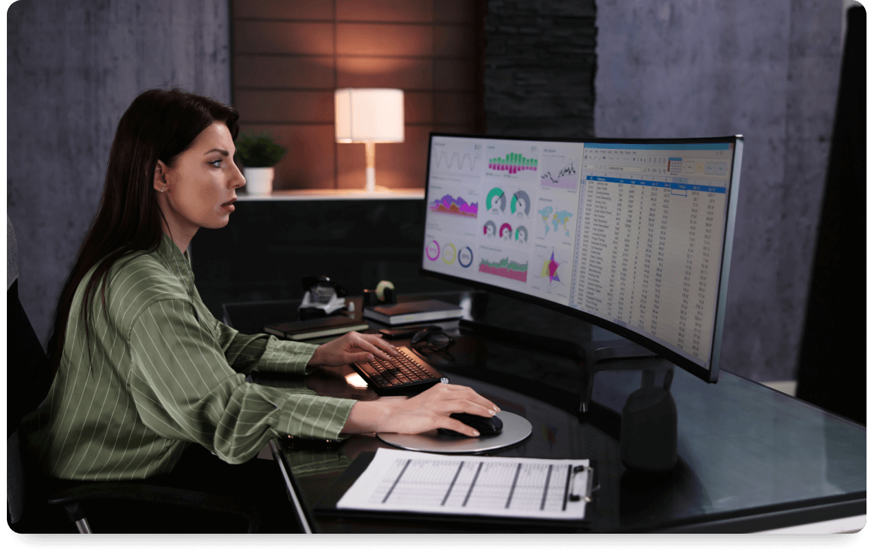 woman researching stats on computer