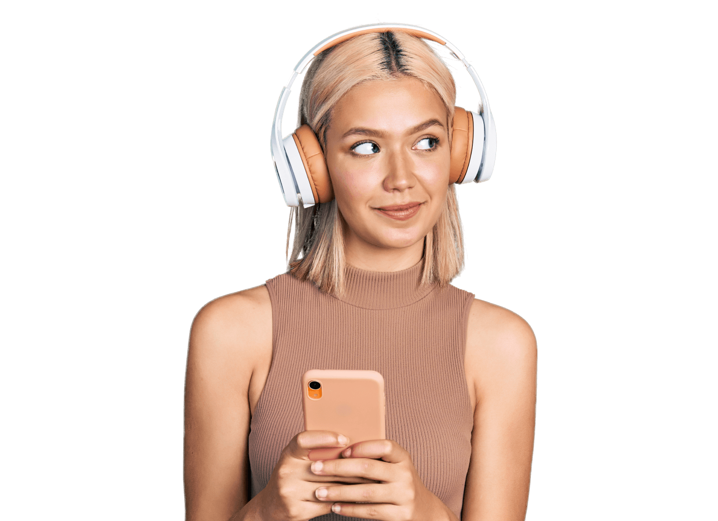 woman with headphones listening to podcast on phone
