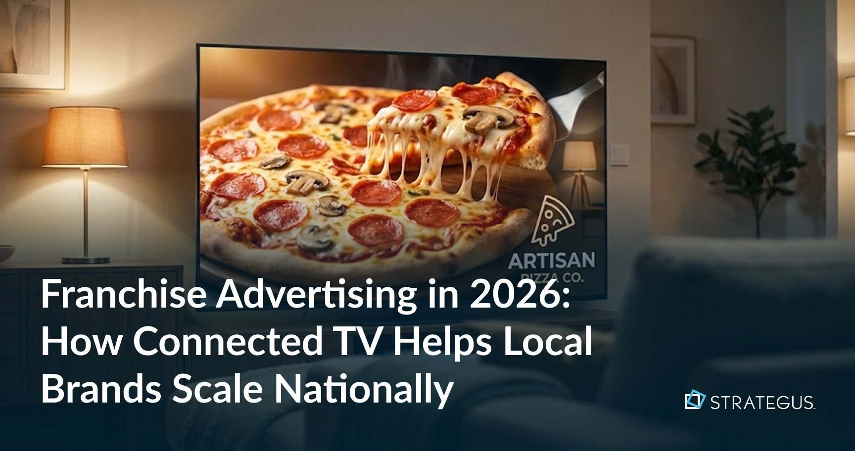 Image of a TV with an ad for a pizza franchise showing