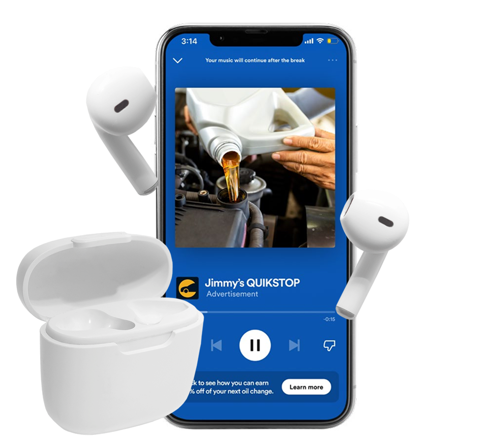 phone and airpods listening to podcast advertisement
