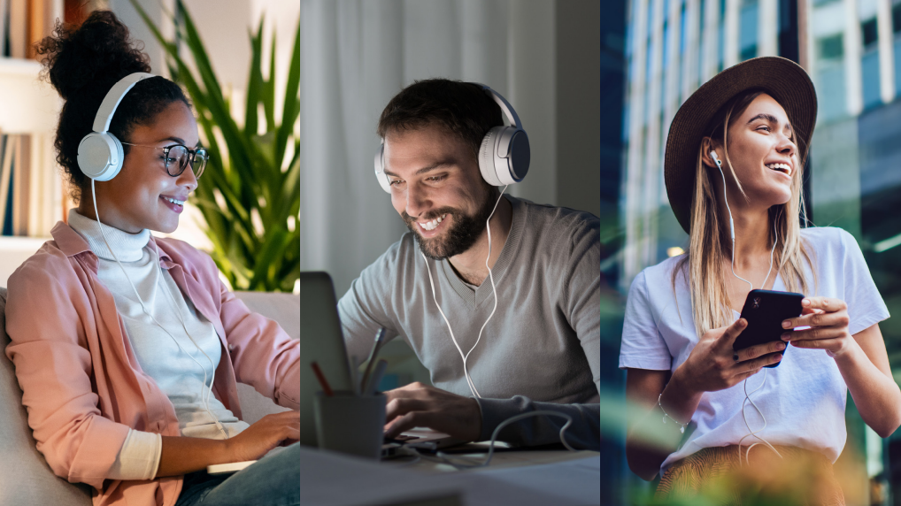 three different people enjoy listening to their phones and laptops with headphones on