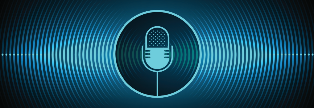a blue graphic of a microphone against a gradient background